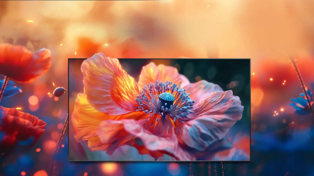 Close-up of a colorful poppy flower displayed on a Hisense TV screen.